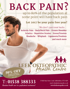 Osteopathy and Physiotherapy in Leek, Ashbourne, Congleton, Endon, Buxton, Cheddleton, Werrington, Cheadle, Macclesfield, Stoke-on-Trent and Newcastle-under-Lyme.