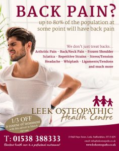Osteopathy and Physiotherapy in Leek, Ashbourne, Congleton, Endon, Buxton, Cheddleton, Werrington, Cheadle, Macclesfield, Stoke-on-Trent and Newcastle-under-Lyme.